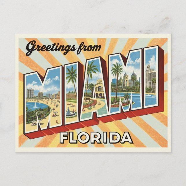 Cartão Postal Retro "Saudações de Miami, Flórida" Sunburst (Frente)