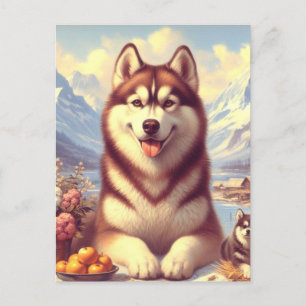 Cartão Postal Retro Siberian Husky Pintura