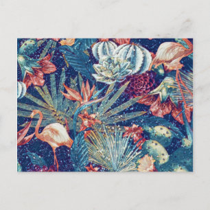 Cartão Postal Retro Snowy Tropical Flamingo Paradise Watercolor