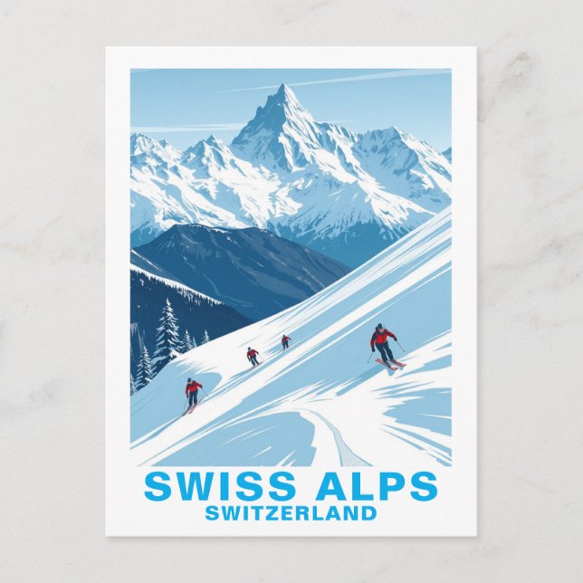 Cartão Postal Retro Swiss Alps Skiing, Switzerland Travel (Frente)