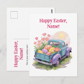 Cartão Postal Retro Teal & Purple Truck with Easter Eggs