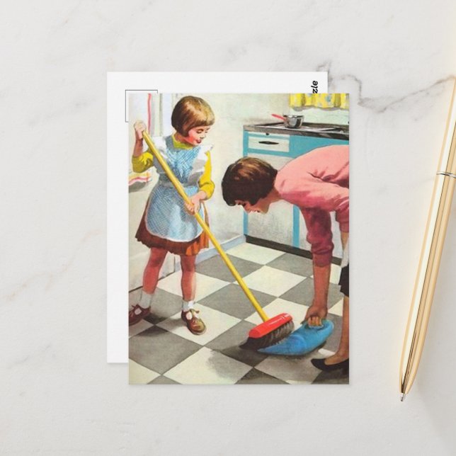 Cartão Postal retro vintage Mãe limpeza da filha (Frente/Verso In Situ)