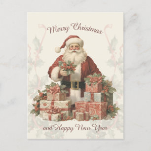 Cartão Postal Retro Vintage Papais noeis Holly Feliz Natal