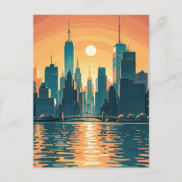 Cartão Postal Retro Vintage Sunset sobre Manhattan