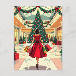 Cartão Postal Retro Woman Shopping Mid Century Christmas