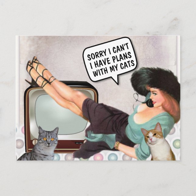 CARTÃO POSTAL RETRO WOMAN SORRY CAN'T PLANS WITH CATS POSTCARDS (Frente)