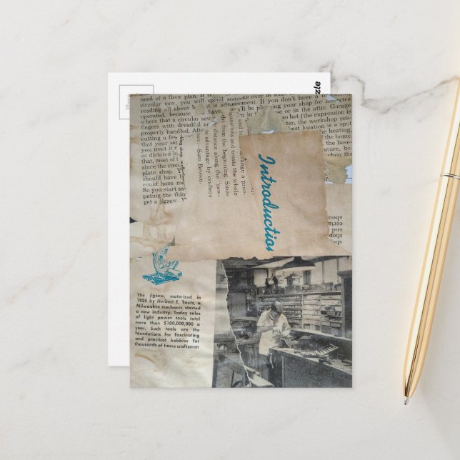Cartão Postal Retro Woodworking Intro Mixed Media Collage  (Frente/Verso In Situ)