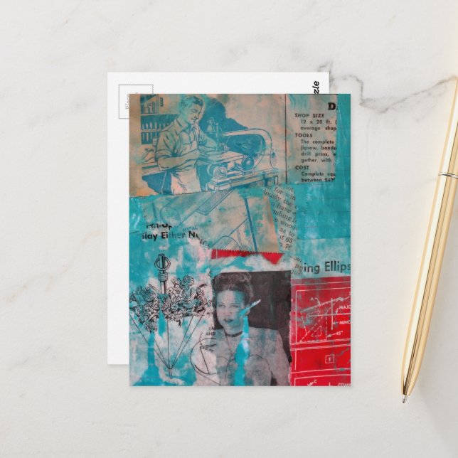 Cartão Postal Retro Woodworking Woman and Man Collage  (Frente/Verso In Situ)