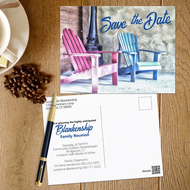 Cartão Postal Reunião da família Adirondack Chairs Adicionar sua (This cozy corner family reunion designed SAVE THE DATE announcement also serves as an invitation. )