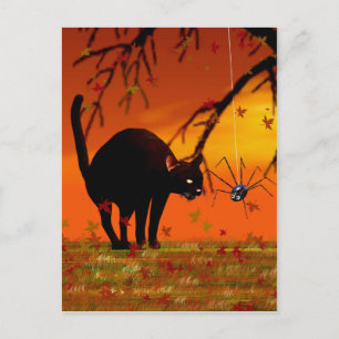Cartão Postal Reunião de Halloween - Gato Negro e Aranha