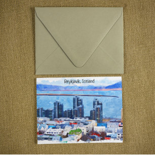 Cartão Postal Reykjavík Islândia City View Watercolor