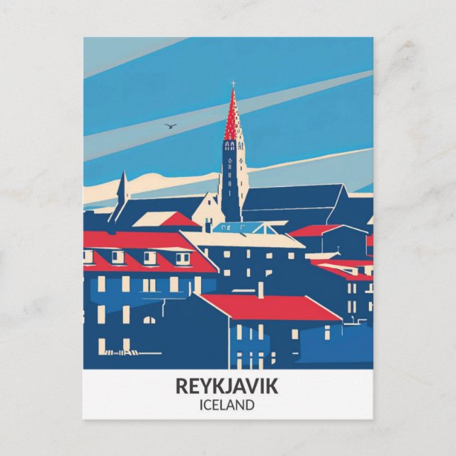 Cartão Postal Reykjavik Islândia Retro Trabalho de arte Viagem (Frente)