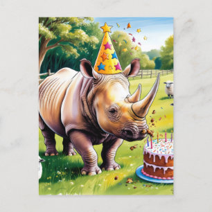 Cartão Postal Rhino vestindo chapéu de aniversário no país inglê