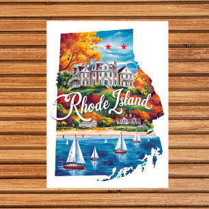Cartão Postal Rhode Island EUA Estado em Forma de Aquarela Vinta