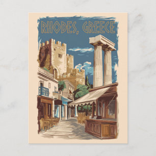 Cartão Postal Rhodes Grécia Ruins Viagem de Arte Vintage