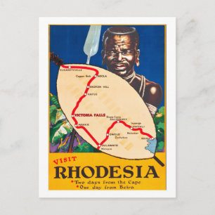 Cartão Postal Rhodesia, guerreira tradicional com mapa no escudo