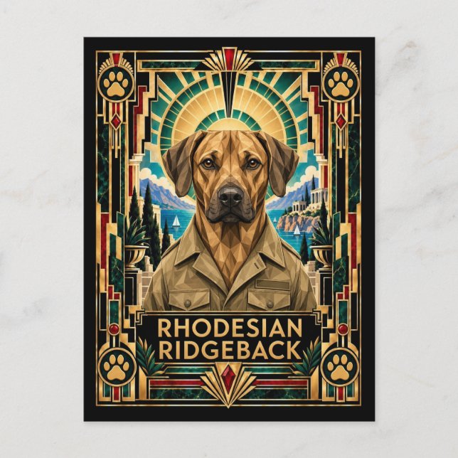Cartão Postal Rhodesian Ridgeback, Cão Art Déco (Frente)