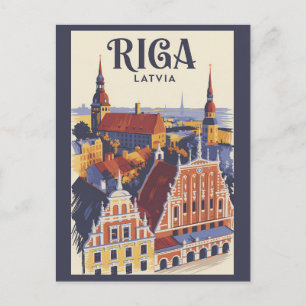 Cartão Postal Riga Letônia Ilustração Viagem Arte Vintage