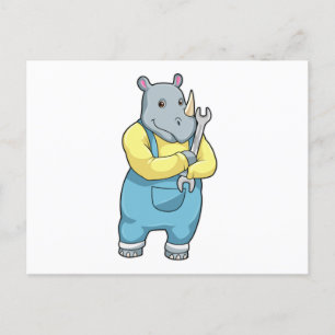 Cartão Postal Rino como mecânico com chave inglesa