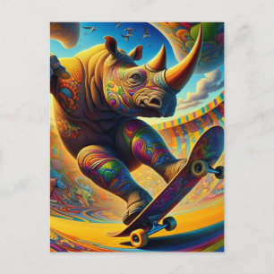 Cartão Postal Rinoceronte Adorável de Skateboard