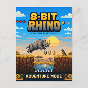 Cartão Postal Rinoceronte, Arte Pixel 8-Bit Retro