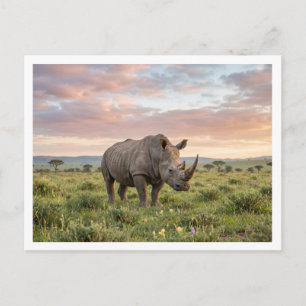Cartão Postal Rinoceronte Solitário na Savana ao Pôr do Sol Foto