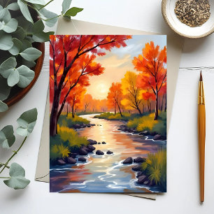 Cartão Postal Rio de Outono Aquarela da Natureza com Folhas de
