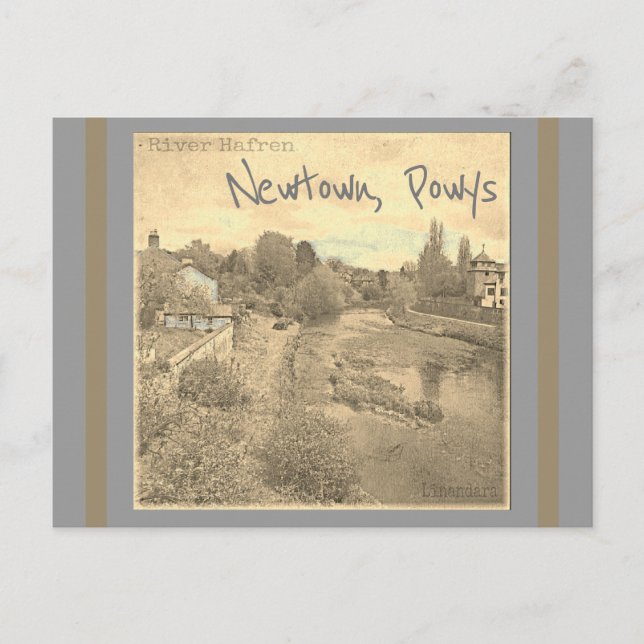 Cartão Postal Rio Hafren Severn em Newtown, Powys Sepia (Frente)