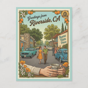 Cartão Postal Riverside CA Buena Vista Drive estilo dos anos 196