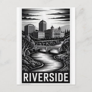 Cartão Postal Riverside Califórnia Xilogravura Preto e Branco
