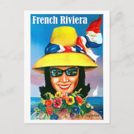 Cartão Postal Riviera Francesa, mulher de óculos de sol com chap