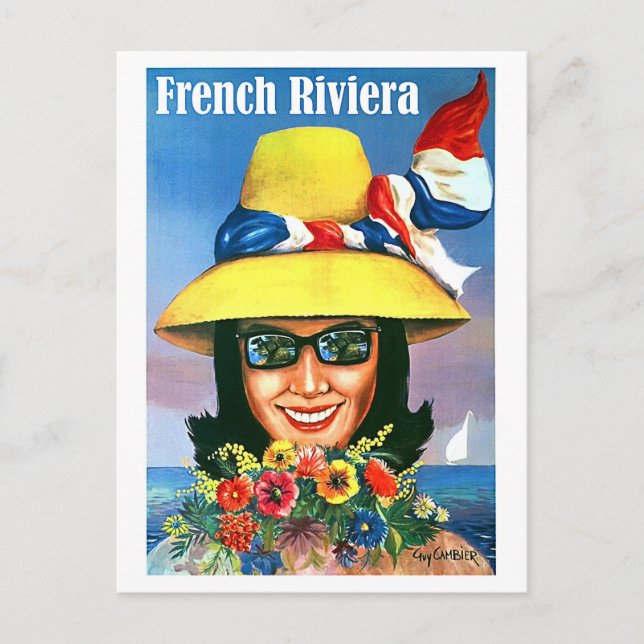 Cartão Postal Riviera Francesa, mulher de óculos de sol com chap (Frente)