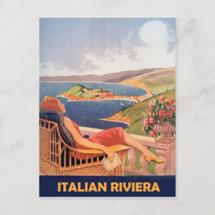 Cartão Postal Riviera italiana, mulher no terraço do hotel, vin