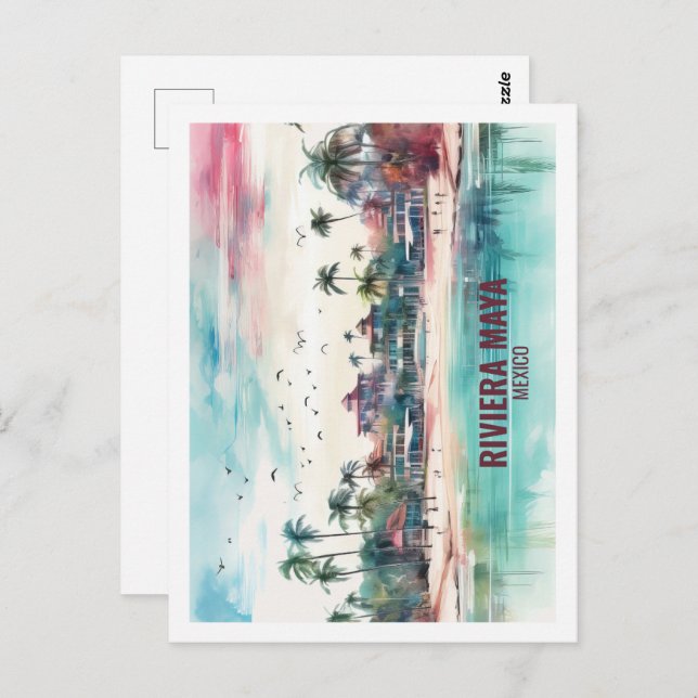 Cartão Postal Riviera Maya Mexico Familiar Viagem Place Watercol (Frente/Verso)
