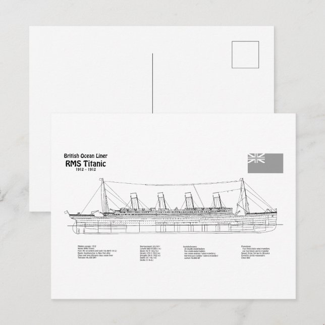 Cartão Postal RMS Titanic Ship Blueprint Planos BD (Frente/Verso)