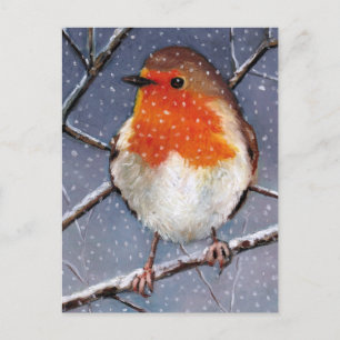 CARTÃO POSTAL ROBINA INGLESA NA NEVE: ARTE DE PASTEL DE ÓLEO