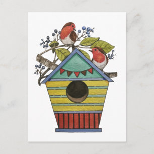 Cartão Postal Robins Com Amoras Azuis E Arte De Casa De Anivers