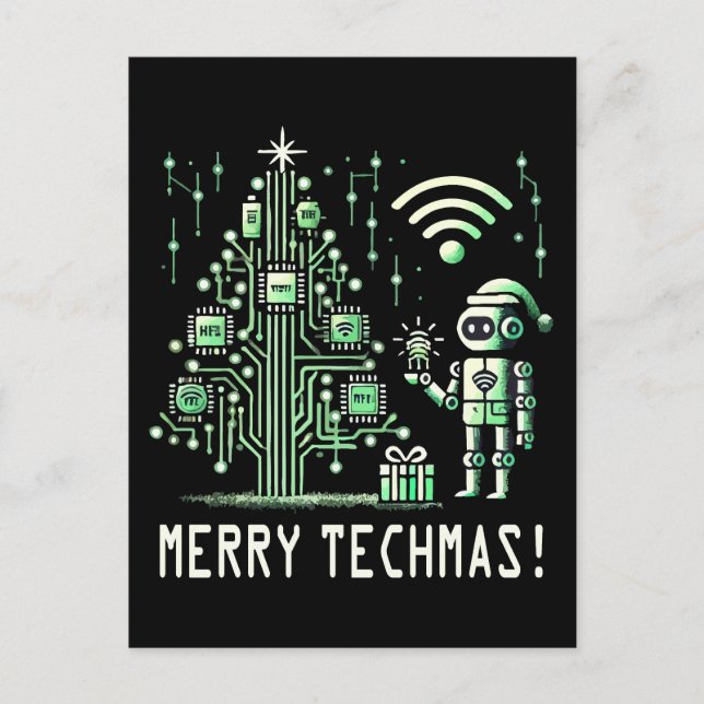 Cartão Postal Robô AI com Árvore de Natal Tech - Techmas de Feli (Frente)