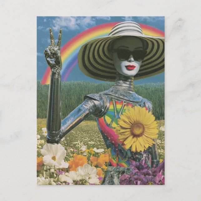 Cartão Postal Robô Alien de Paz Prateado (Frente)