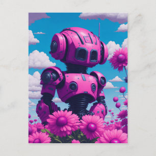 Cartão Postal robô cor-de-rosa em flores cor-de-rosa