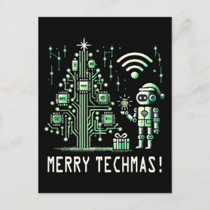 Cartão Postal Robô de IA com Árvore de Natal Tech – Merry Techma