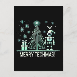 Cartão Postal Robô de IA com Árvore de Natal Tech – Merry Techma