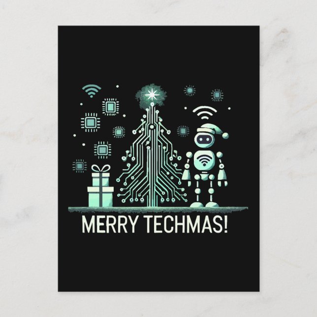 Cartão Postal Robô de IA com Árvore de Natal Tech – Merry Techma (Frente)