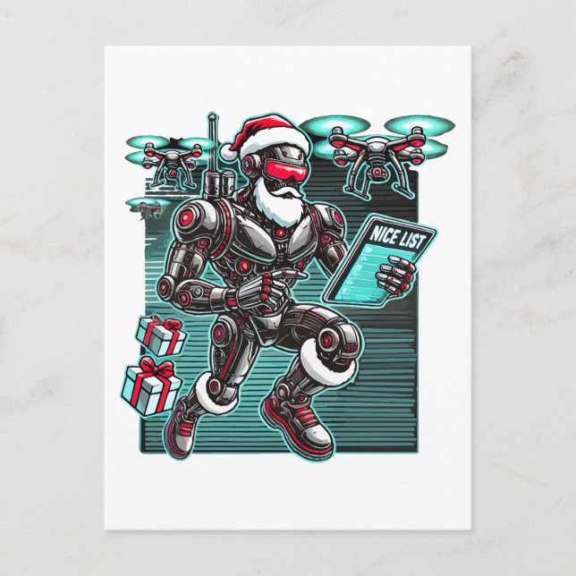 Cartão Postal Robô de Papai Noel com drones e Natal com tecnolog (Frente)
