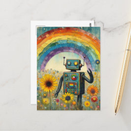 Cartão Postal Robô em Prado Flor com Arco-íris Encáustico