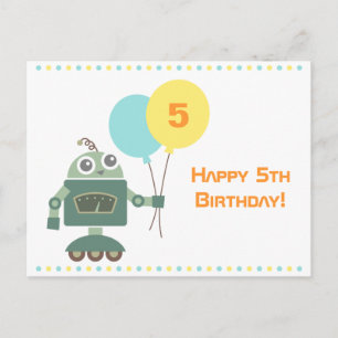 Cartão Postal Robô Fofo com Balões, Feliz Aniversário Crianças