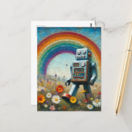 Cartão Postal Robô num Prado Flor com Arco-íris