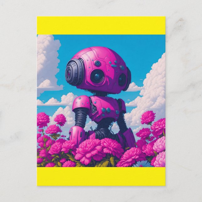 Cartão Postal robô rosa em flores rosa (Frente)