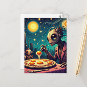 Cartão Postal Robôs Engraçados e Estranhos Comendo Ovos Fritos