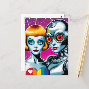Cartão Postal Robots Rainbow Heart